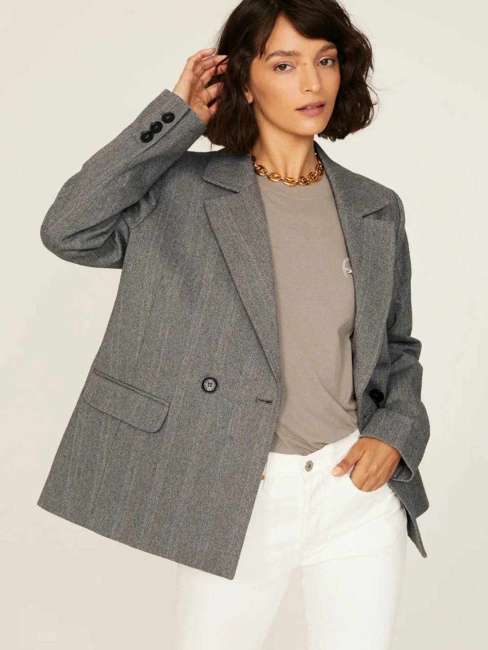 Annie Bing Becky Women's Gray Herringbone Blazer - Picture 2 of 15